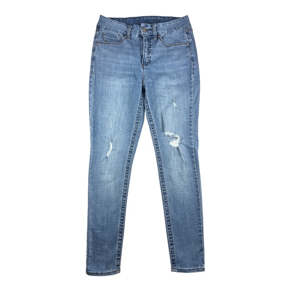 Seven7 TummyLess High Rise Skinny Jeans Womens 8 Medium Wash Distressed Blue